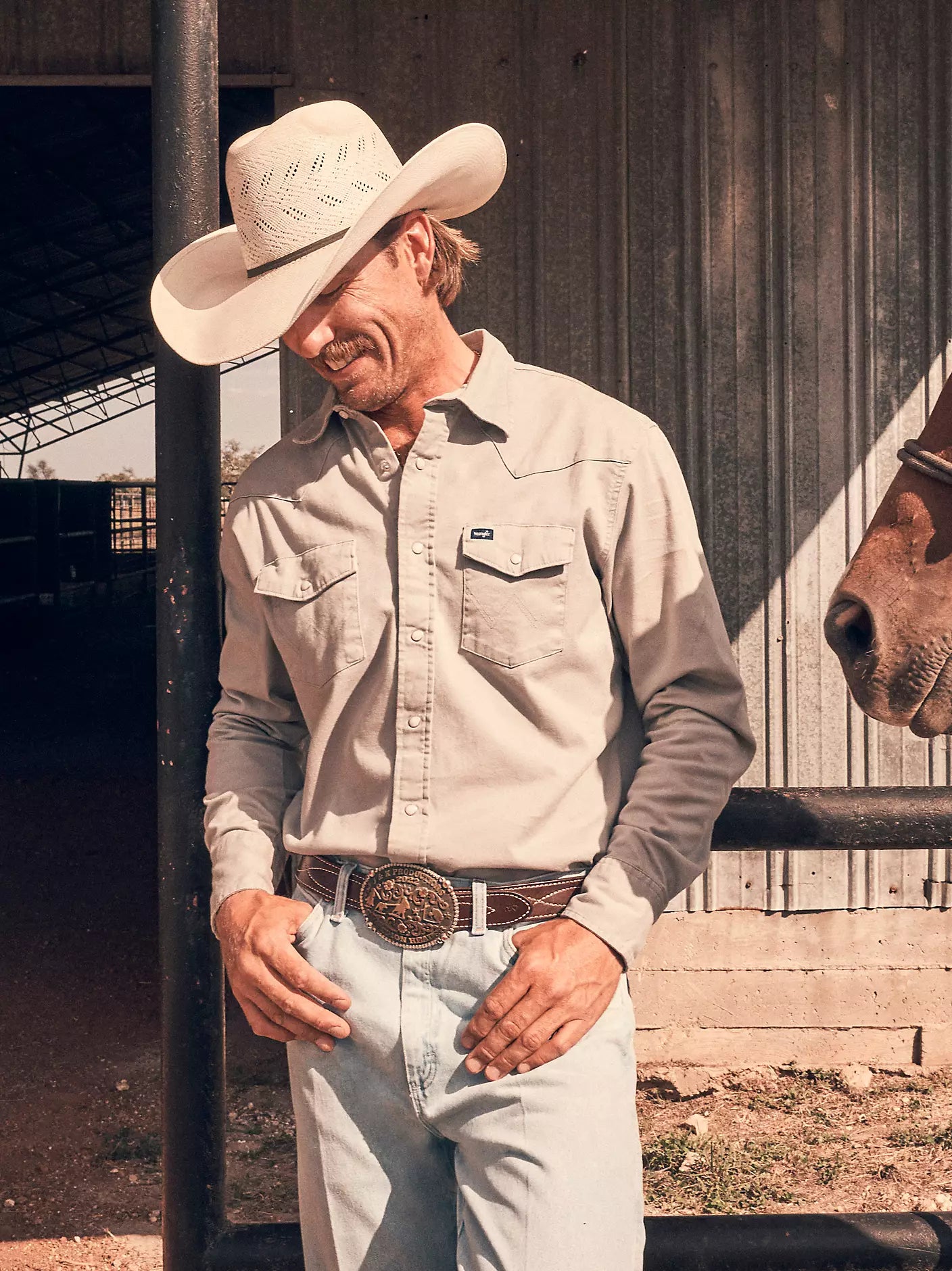 Wrangler Cowboy Cut Firm Finish Long Sleeve Work Shirt in Khaki