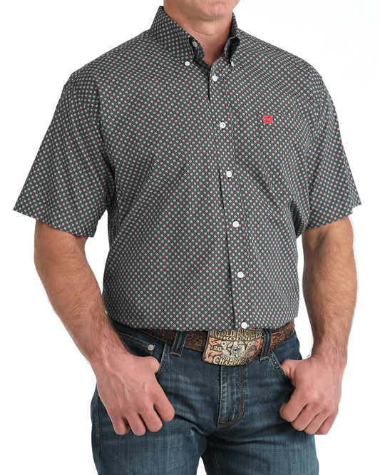 Cinch Short Sleeve Shirt in Black Geometric Print