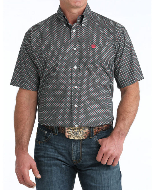 Cinch Short Sleeve Shirt in Black Geometric Print