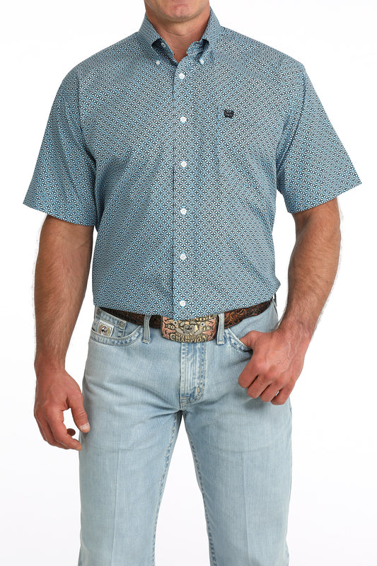 Cinch Blue Geo Print Short Sleeve Shirt