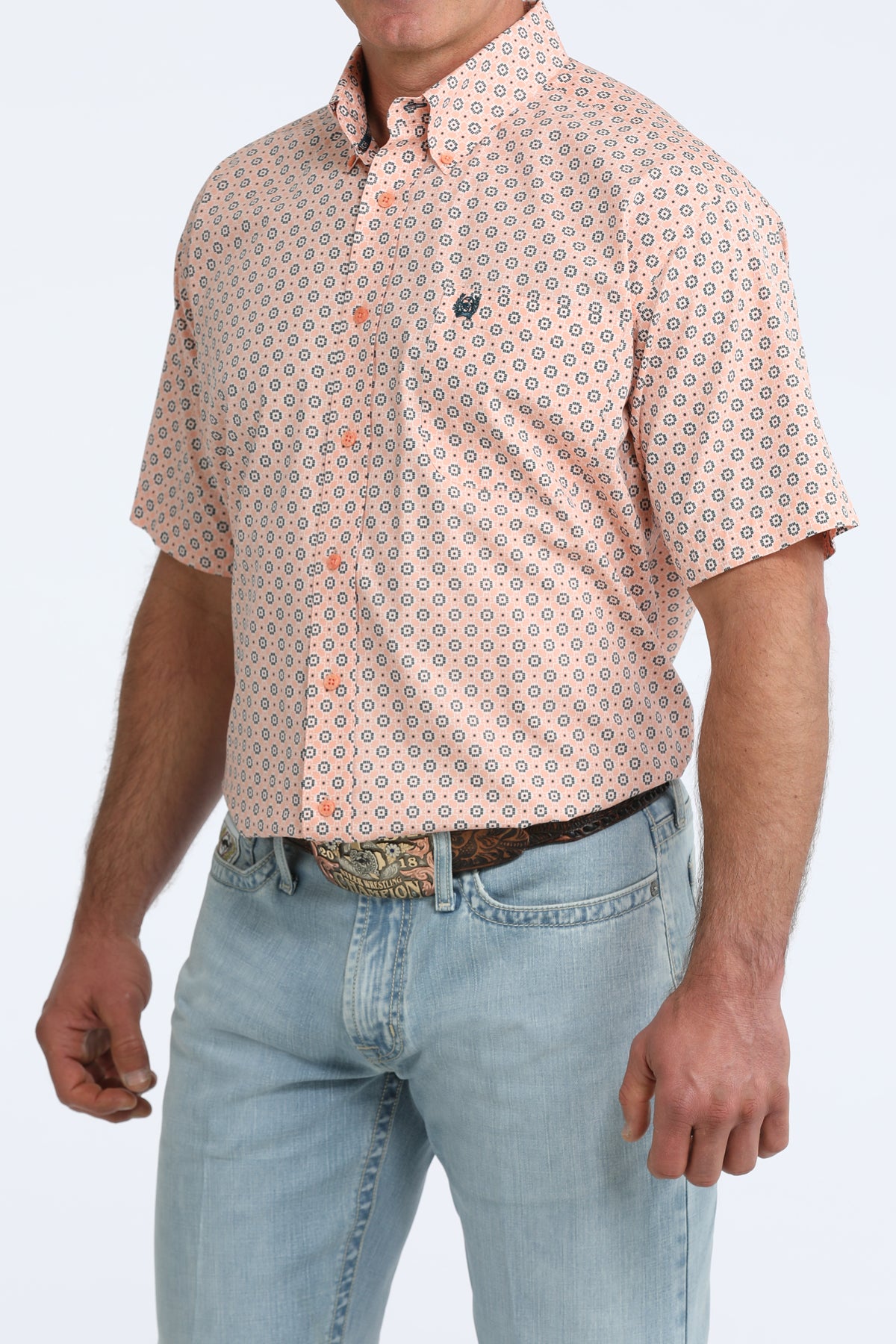 Cinch Short Sleeve Coral Geometric Shirt