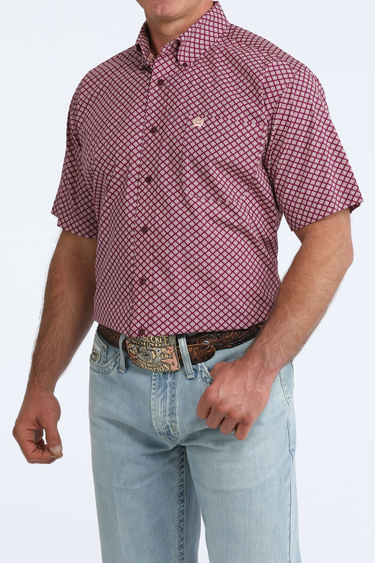 Cinch Short Sleeve Shirt in Purple Medallion Print