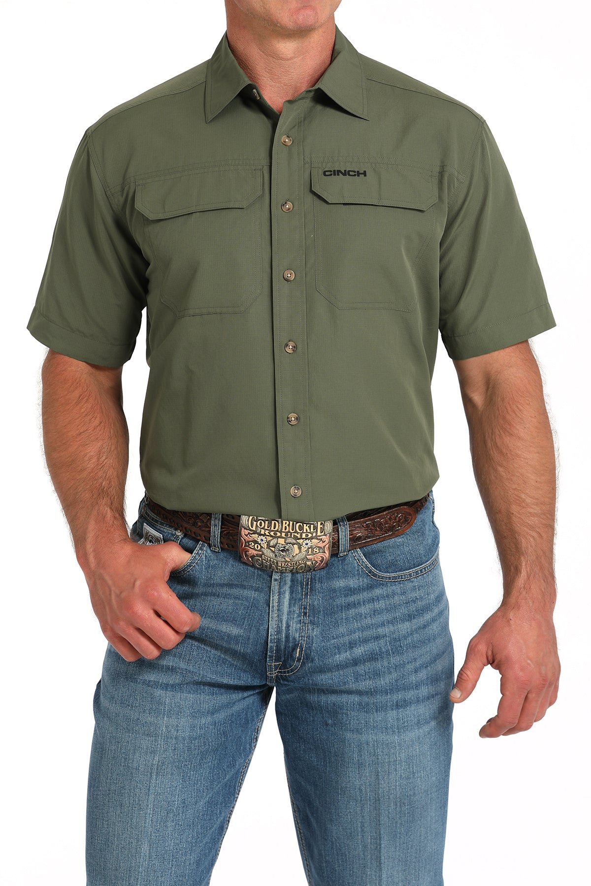 Cinch Men's Olive Arenaflex Short Sleeve Shirt, L
