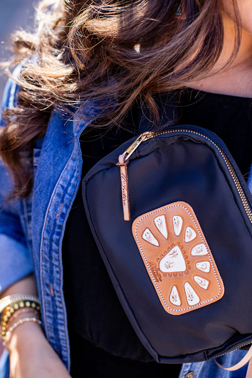 McIntire Saddlery Black Belt Bag with White Buffalo Squash Patch