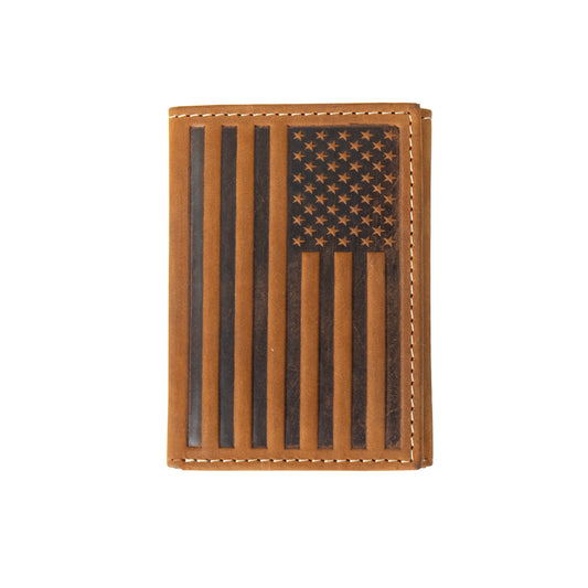 Nocona Brown Embossed Flag Trifold Style Wallet