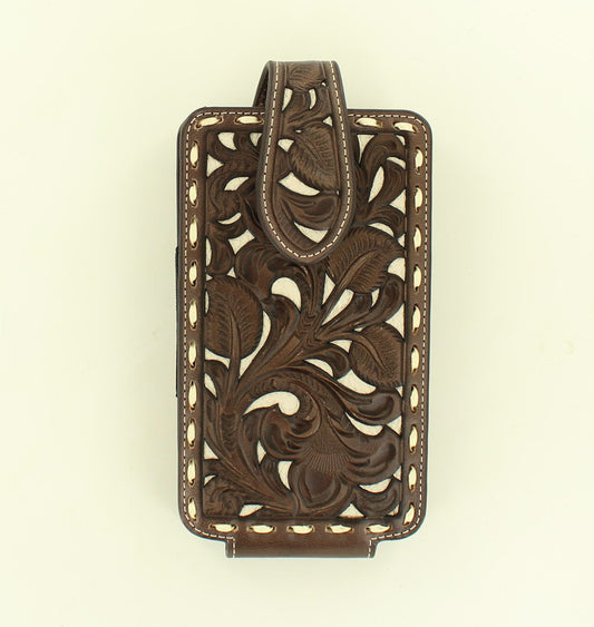 Brown and ivory leather phone case with intricate floral patterns on a beige background
