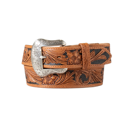 Nocona Men's 1 1/2" Hand Tooled Floral Black Inlay Tan Belt