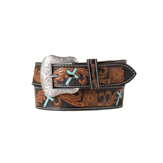 Nocona Men's 1-1/2" Hand Tooled Turquoise Crosses Black Belt