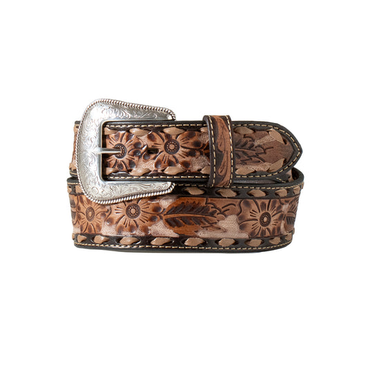 Nocona Men's Hand Tooled Floral Buck Lacing Brown Belt