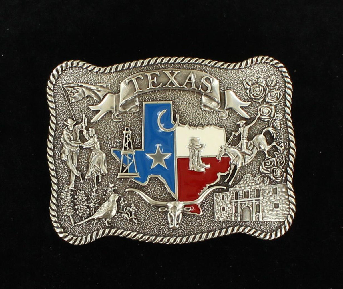 Belt buckle with Texas design featuring a blue and red Texas shaped Texas flag, cowboys, and other Texas symbols on a black background.