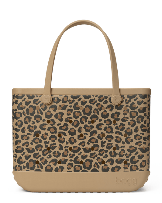 Tan Bogg bag with leopard print pattern on a white background