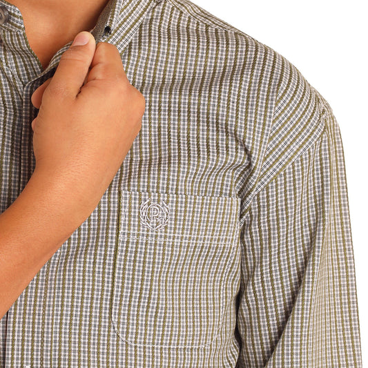 Panhandle Boy's Olive Check Button Down Shirt