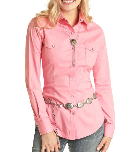 Panhandle Ladies Long Sleeve Solid Snap Shirt Pink SM