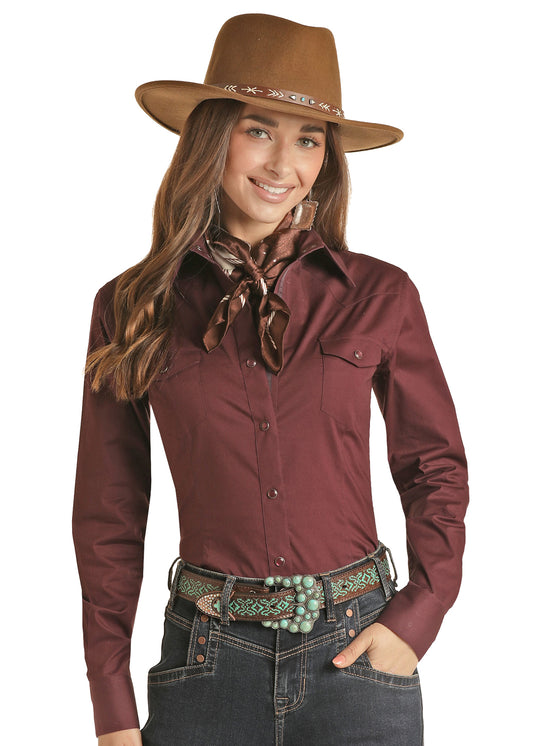 Panhandle Ladies Long Sleeve Solid Snap Shirt Burgundy 2XL