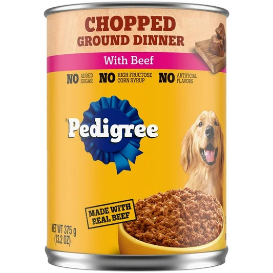 Can of Pedigree Chopped Ground Dinner with Beef on a white background