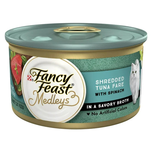 Fancy Feast Medleys Shredded Tuna Fare With Spinach in a Savory Broth