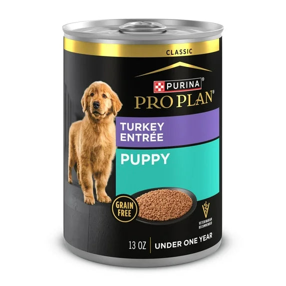 Can of Purina Pro Plan Turkey Entree Puppy food on a white background