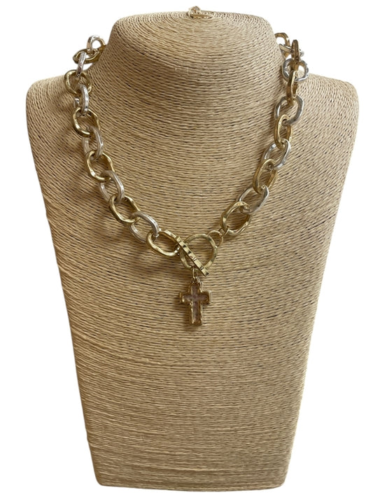 Hammered Double Cross Toggle Necklace in Silver & Gold