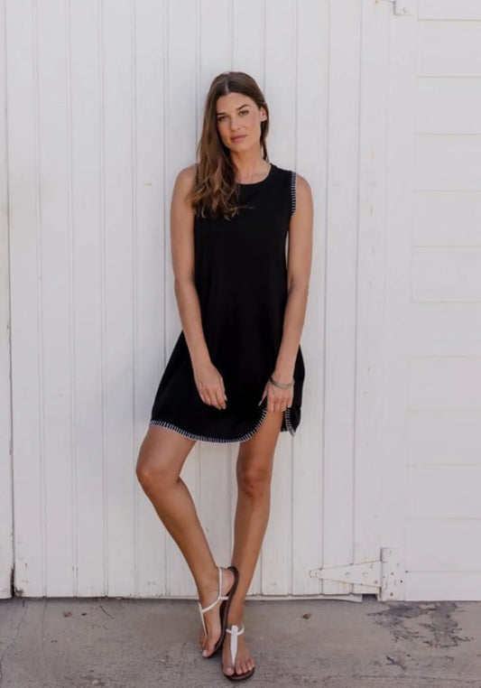 Rae Black Tank Dress with White Stitching