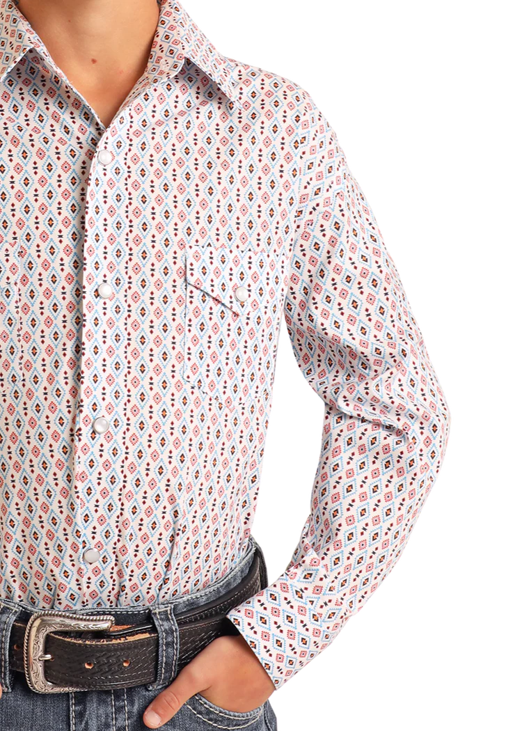 Panhandle Boys' Rough Stock Diamond Geo Print Long Sleeve Snap Shirt