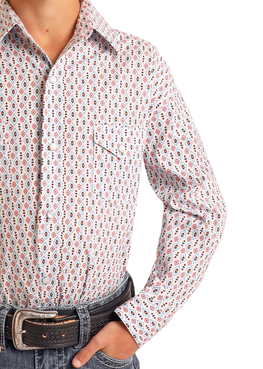 Panhandle Boys' Rough Stock Diamond Geo Print Long Sleeve Snap Shirt