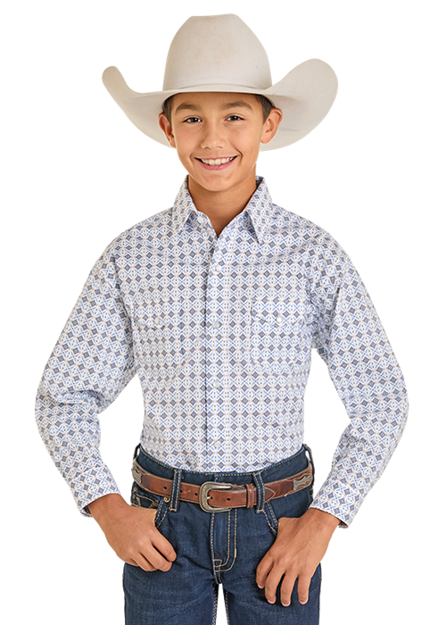 Panhandle Slim Boys' White & Blue Diamond Print Snap Shirt