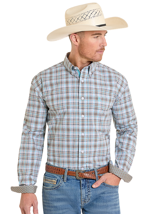 Panhandle Slim Rough Stock Button Down Shirt in Teal Plaid