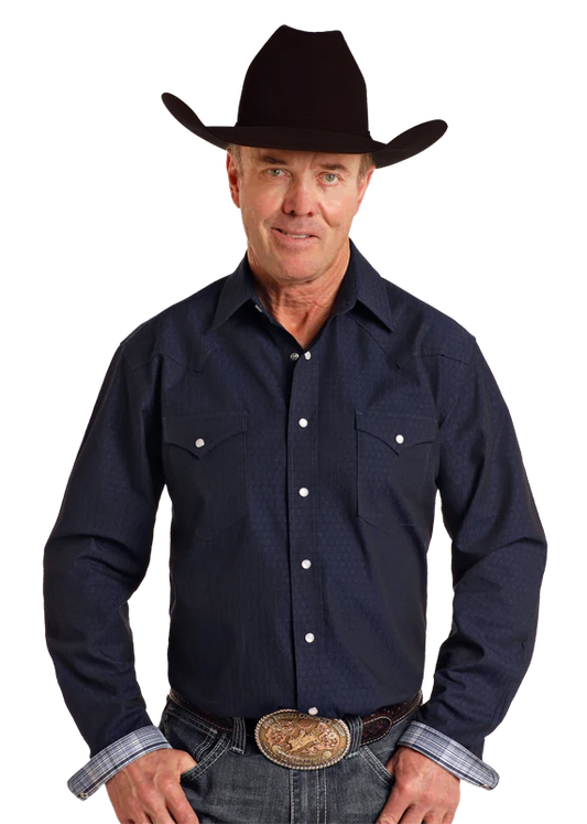 Panhandle Rough Stock Navy Geo Print Long Sleeve Shirt