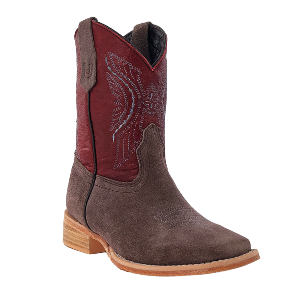 R. Watson Kids Dark Cherry and Charcoal Roughout Wide Square Boot