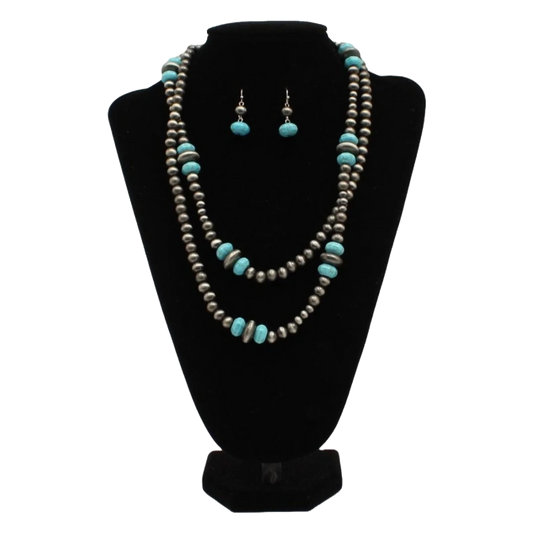 Blazin Roxx Necklace Set Double Strand Silver Turquoise Beads