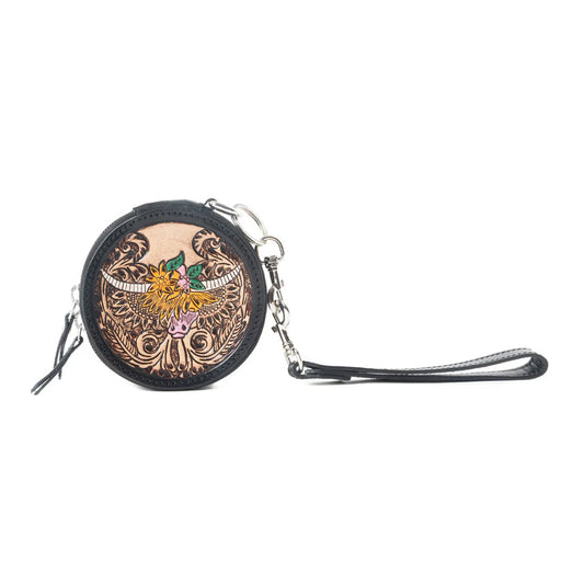 Myra Western Crest Handtooled Leather Coin Pouch in Desert Tan