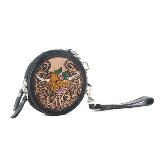 Myra Western Crest Handtooled Leather Coin Pouch in Desert Tan