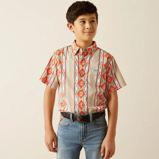 Ariat Boy's Wade Classic Fit Tan and Orange Shirt
