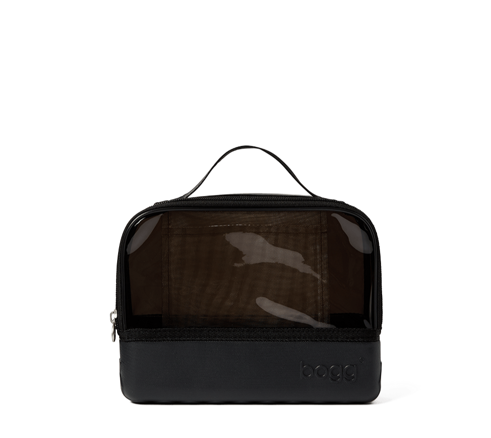 Black toiletry bag with mesh side on a white background