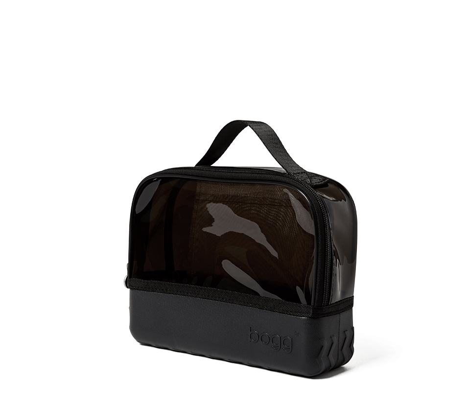 Black toiletry bag with a handle on a transparent background