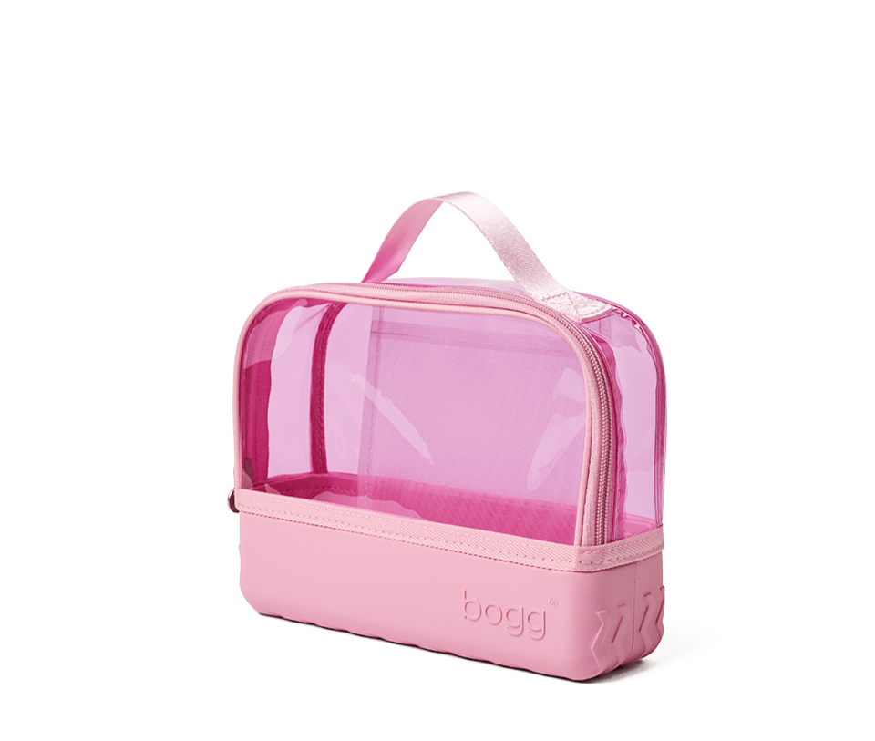 Pink transparent bag with a handle on a white background