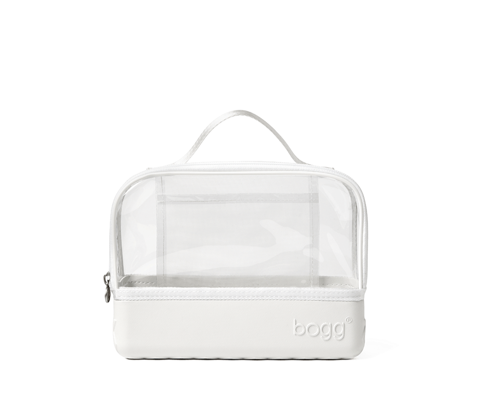 White and clear cosmetic Bogg bag with a handle on a white background