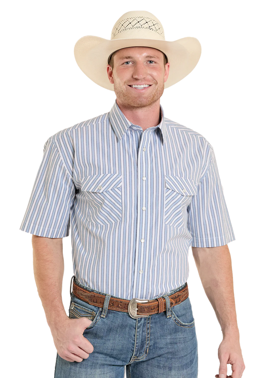 Panhandle Slim Blue Stripe Short Sleeve Snap Shirt