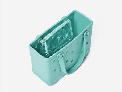 Aqua Bitty Boggs tote with clear plastic pouch inside, on a white background