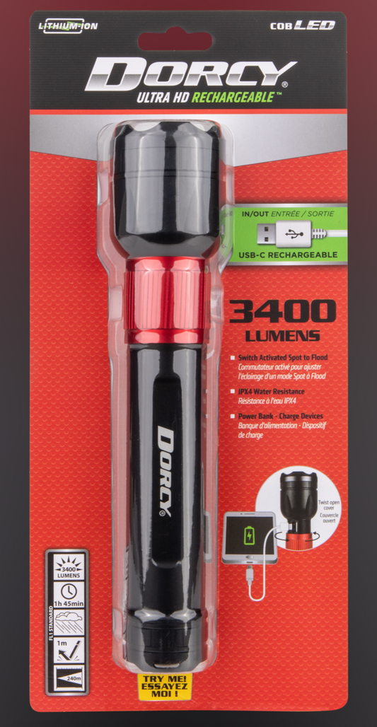 Dorcy 3400 Lumen Ultra HD USB-C Rechargeable Flashlight with Powerbank