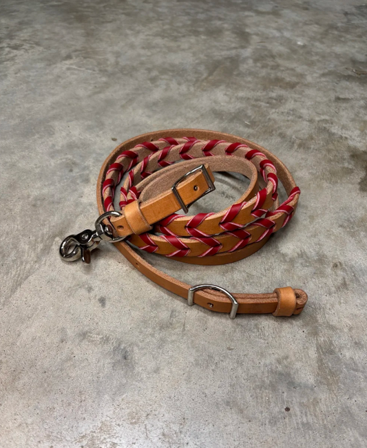5/8" Adjustable Harness Leather Barrel Racing Rein with Red Lace