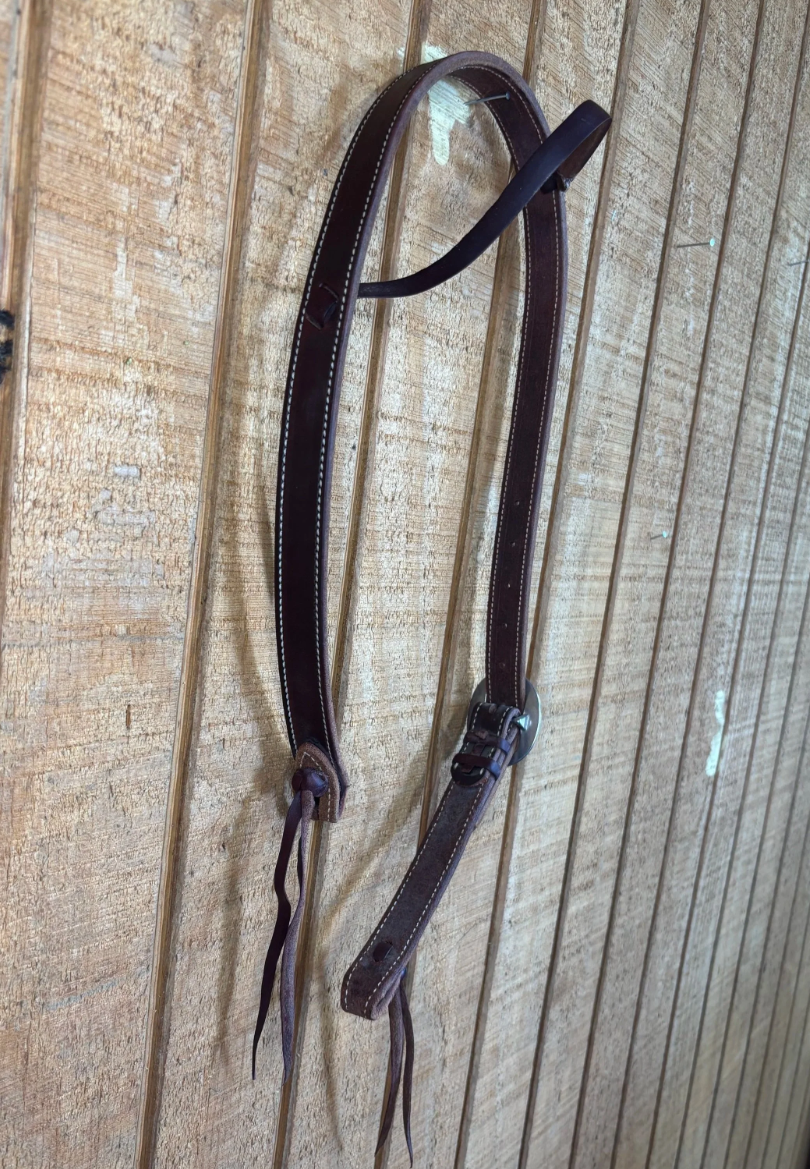 1" Chocolate Harness Leather Slip Ear Headstall with Cowboy Knots
