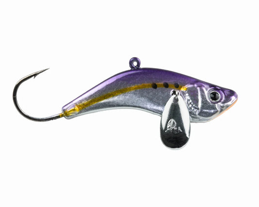Fishing lure with a purple and silver color scheme on a white background