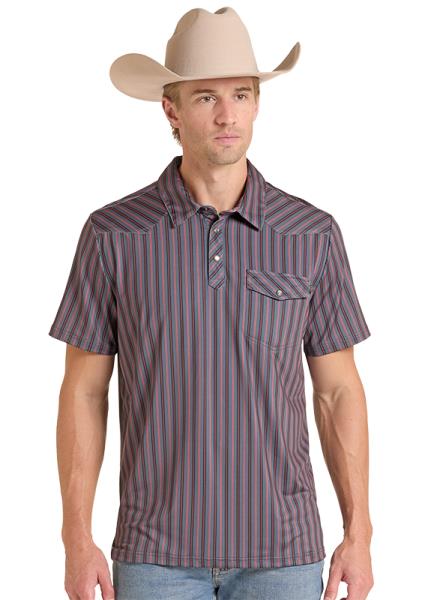 Rock & Roll Charcoal Stripe Print Western Polo