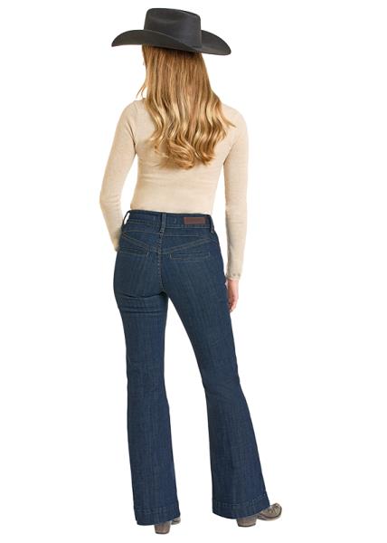 Person wearing blue jeans and a black cowboy hat on a white background