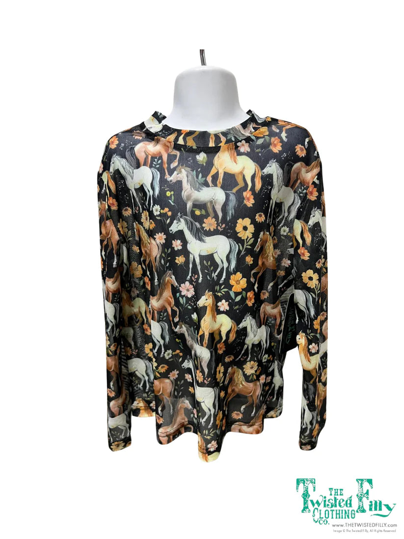 The Twisted Filly Horse Floral Mesh Toddler Top
