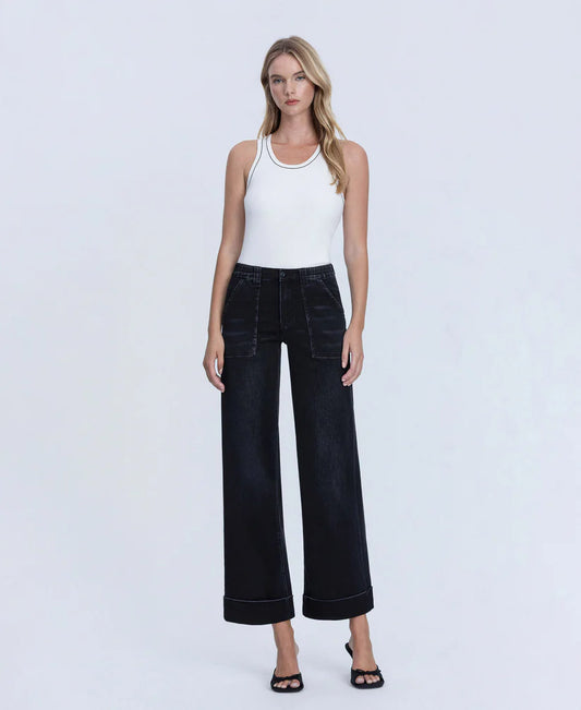 Vervet High Rise Cuffed Baggy Wide Leg Jeans in Black
