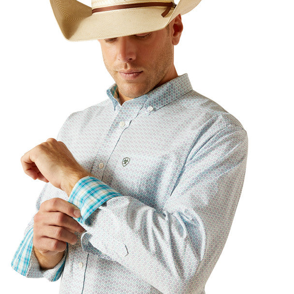 Ariat Men's Kolton White Navy & Turquoise Geo Print Long Sleeve Western Shirt