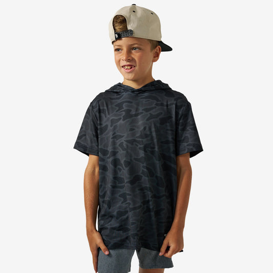 Burlebo Youth Short Sleeve Performance Hoodie in Black Camo