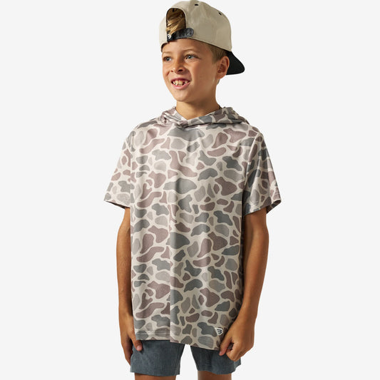 Burlebo Youth Short Sleeve Performance Hoodie in Classic Deer Camo
